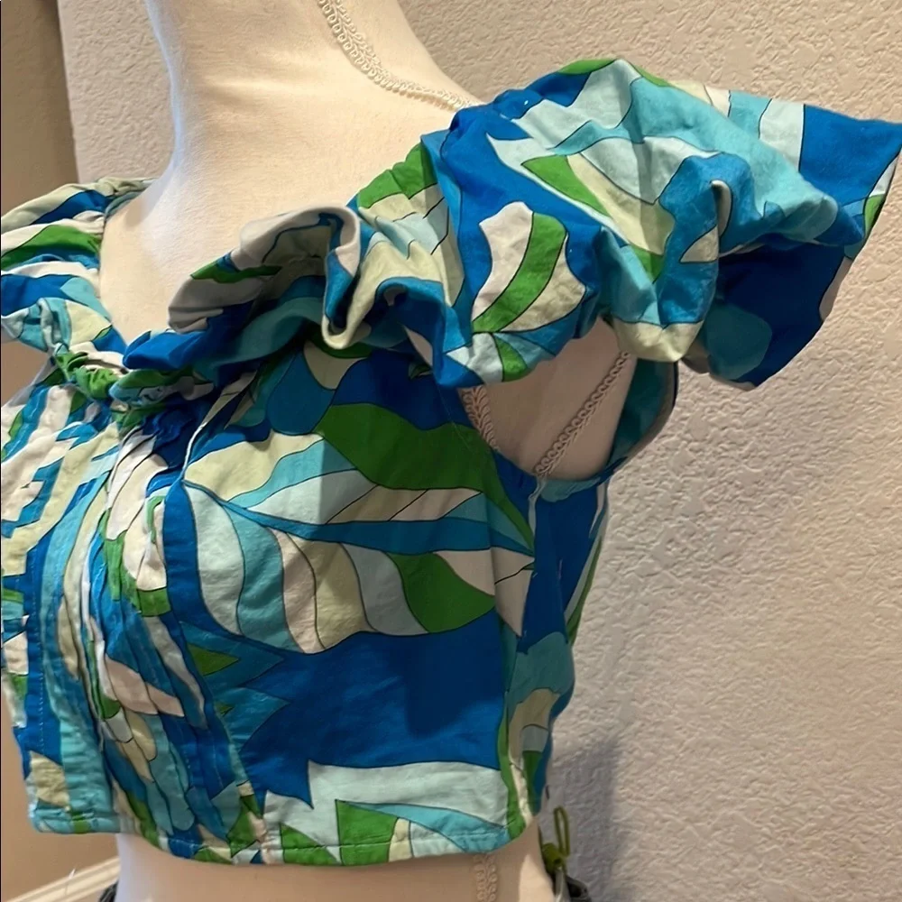 Maeve by Anthropologie Blue/Green Ruffled Off-Shoulder Crop Blouse